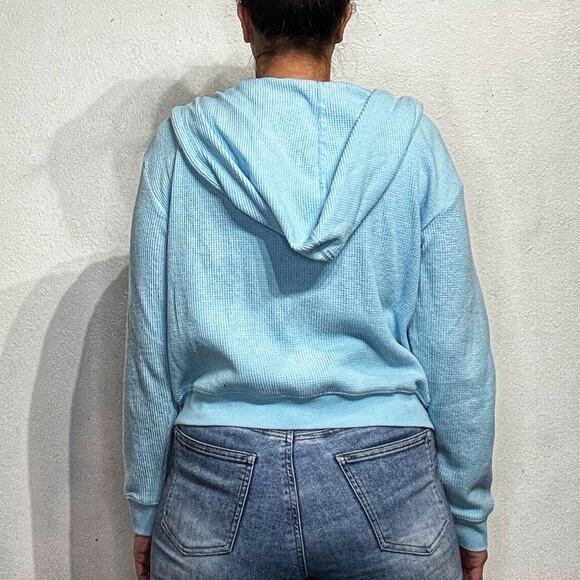 Auden Baby Blue Waffle Knit Front Zip Hooded Sweater Sz M - Picture 10 of 12